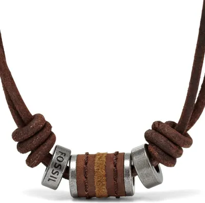 A close-up shot of a brown leather necklace with silver and brown bead accents.