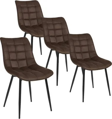 Four dark brown fabric dining chairs with quilted seats and black metal legs are arranged on a white background.