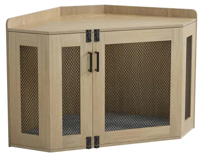Hunde-Holzkoi mit Kissen, 2 Türen, Eckdesign, 113x60x72,4 cm