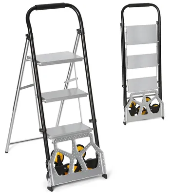 Produktbild von Eikuavons 2 in 1 Treppenkarre Sackkarre mit 3-stufiger Klappleiter, klappbarer Transportwagen 80 kg, Leiter 150 kg, Schwarz Silber