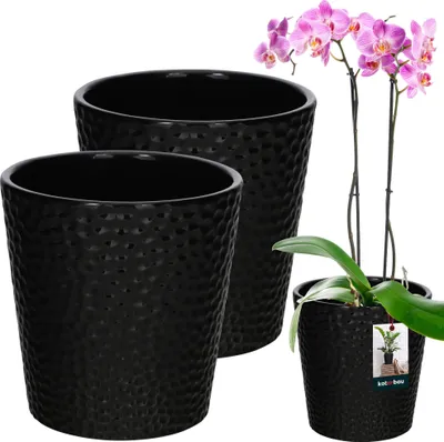 Zdjęcie produktu dla KOTARBAU® Zestaw 2 doniczek na kwiaty czarna ceramika szkliwiona ⌀ 9,5 cm Wysokość: 11 cm Doniczka na storczyki ceramiczna doniczka na kwiaty ceramiczna doniczka na rośliny ceramiczna doniczka na kwiaty nowoczesna doniczka na rośliny domowe