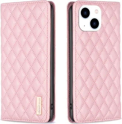 Produktbild von iPhone 15 Hülle, Elegant Bookstyle Flip Leder Kartenfächer Schutzhülle mit Ständer für iPhone 15 Pink