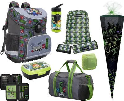 Produktbild von Minecraft Schulranzen für Jungen 1. Klasse Graue Schultasche im Set 10-teilig mit Brotdose, Trinkflasche, Sporttasche und Tüte 85 cm