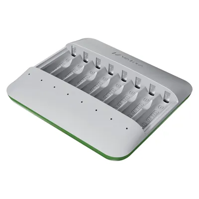 A battery charger with multiple slots for batteries, shown from a slightly elevated angle.