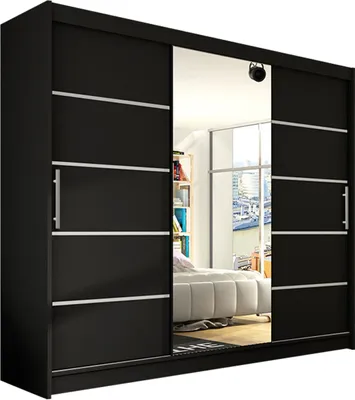 Produktbild von MIRJAN24 Großer Schwebetürenschrank Aston VI mit drei Türen, Kleiderschrank mit Kleiderstange, Frontspiegel (Farbe: Schwarz / Spiegel, ohne Beleuchtung)