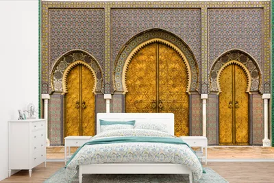 Produktbild von MuchoWow® Fototapete für Wohnzimmer oder Schlafzimmer Wandtapete Vinyl Motivtapete Türen - Architektur - Gold - Muster - 600x400 cm - Vinyltapeten