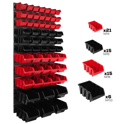 Produktbild von Lagersystem Wandregal 578 x 1170 mm | 57 stck. Box | Stapelboxen Schüttenregal Sichtlagerkästen | Extra Starke Wandplatten | Regal Erweiterbar | Werkstattregal Lagerregal Werkstattwandregal Steckregal