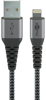 Immagine prodotto di goobay Cavo tessile da Lightning a USB-A con spine in metallo grigio/argento 2 m (1 confezione morbida)