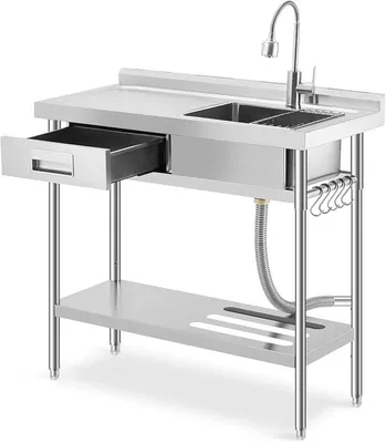 Productafbeelding van RVS spoelbak 90x50x100 cm, losstaande keukenspoelbak met 1 kom, professionele spoelbak met kraan, inclusief koud- en warmwaterslangen, geschikt voor wasserij, buitenkeuken, horeca, winkel en restaurant