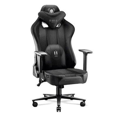 A black gaming chair with a white background.