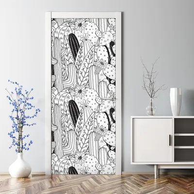 Produktbild von Dekorative Tür Wandaufkleber Wandtattoo selbstklebend dekoration Kakteen Schwarz-Weiß 85 x 200 cm