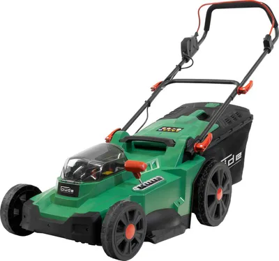 A green electric lawnmower is shown against a white background.