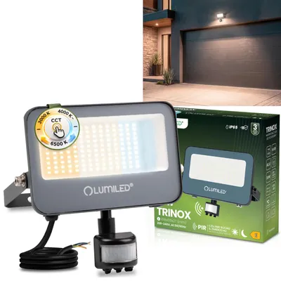 Produktbild von LUMILED LED Strahler Außen 30W 3300lm CCT 3000K 4000K 6500K mit Bewegungsmelder Dämmerungssensor IP65 Wasserdicht Fluter Außenstrahler Garten Garage Hof Wandstrahler Aluminium Grau Scheinwerfer Flutlichter schwarz Flutlichtstrahler