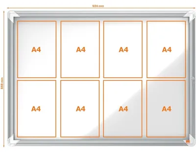Produktbild von Nobo Schaukasten für den Innenbereich, magnetische Rückwand 8xA4, Silber, Weiß, Stahl, Standard, 1012 mm, 732 mm