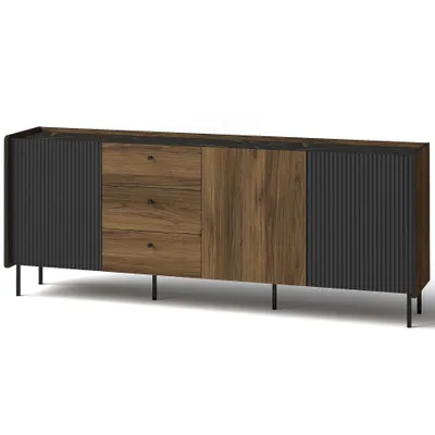Produktbild von BEAUTYSOFA | Kommode PIANO 200cm | mit 3 Türen, 3 Schubladen und 3 Einlegeböden | Sideboard | Wohnzimmerschränke | Schwarz und Nussbaum | Modern Stil