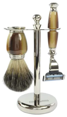 Produktbild von Golddachs Rasierset Galalith/silber, Kunsthorn/Messing-Bestückung, 100% Dachshaa