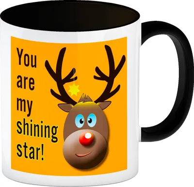 Produktbild von Weihnachten Kaffeebecher Schwarz mit Rentier Motiv in Orange