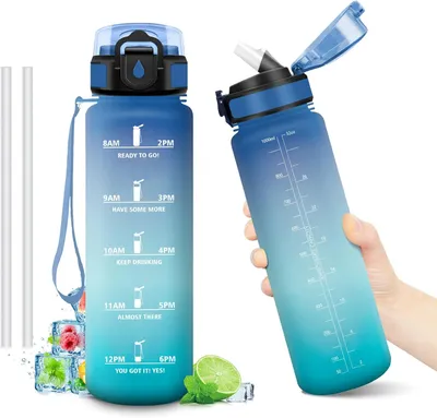 Image de Bouteille d'eau 1L, étanche avec paille, sans BPA, avec indicateurs de temps, idéale pour l'école et le sport