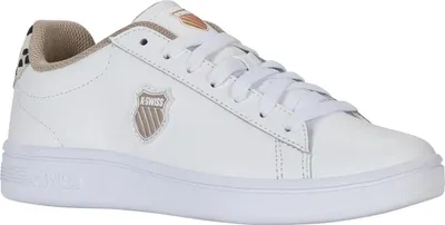 A white K-Swiss sneaker with tan and brown accents.