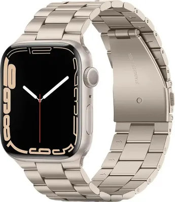 A close-up studio shot of an Apple Watch with a metal band.