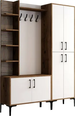 Produktbild von Eingangsmöbel Sponde, Moderner Eingang, Wandgarderobe, Multifunktions-Aufbewahrungskonsole, 150x200 h35 cm, Walnuss und Weiß