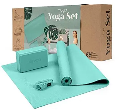 Produktbild von Famanu Yoga Starterset für Anfänger - Komplettset mit Yogamatte, Yogablock und Yogariemen