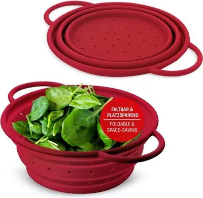 Produktbild von Silikonische, opklapbare, Geschirrspüler-resistente, Patsa-Sieb, Abtropfsieb, Dampf-Einstellung, Küchen-Sieb, 16 cm rot