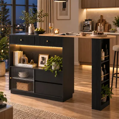 Immagine prodotto di Isola da cucina estendibile con illuminazione a LED, bancone bar girevole a 360° con porta scorrevole in acrilico, tavolo da bistrot con piano di lavoro multifunzionale, colore nero