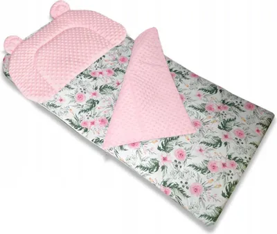 Produktbild von Schlafsack Fußack für den Kindergarten Minky Bär mit Kissen Rosa Blumen