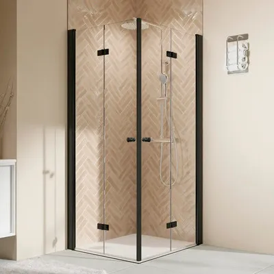 Produktbild von Eckeinstieg mit Drehfalttür BREUER Elana 2.0 100 x 100 cm Profil eckig schwarz Glasdekor Intima