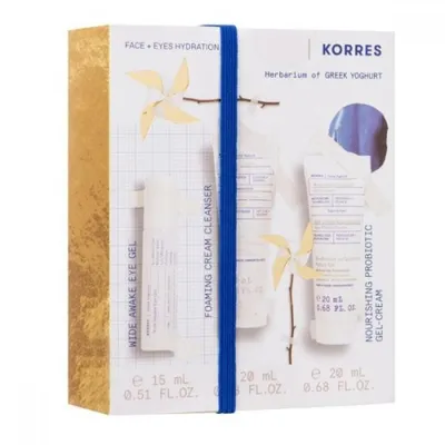 Zdjęcie produktu dla Korres SET Wide Awake Eye Moisturising Gel 15 ml & Cleansing Foam 20 ml & Nourishing Probiotic Moisturising Gel Cream 20 ml