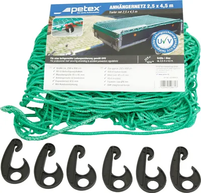 Obrázok produktu pre Sieť na prívesy/nákladná sieť 2,5 x 4,5 m, zelená s upevňovacími hákmi z PETEXU