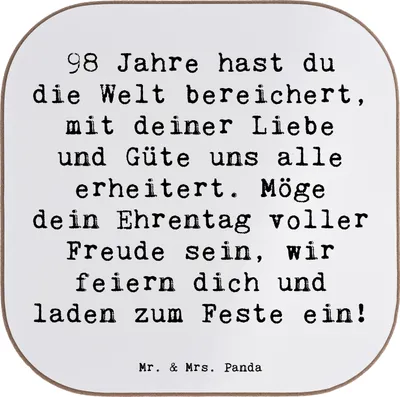 Produktbild von Mr. & Mrs. Panda Tassenuntersetzer Spruch 98. Geburtstag - Weiß - Geschenk, Holzuntersetzer, Tischuntersetzer, besondere Anlässe, Geburtstagsgeschenk, herzerwärmend