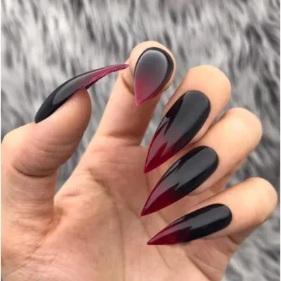 Image de Ongles artificiels en forme de stiletto, style gothique, dégradé noir et rouge, pour Halloween, avec colle pour ongles, modèle AH3