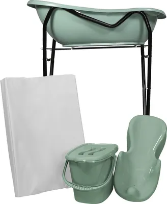Produktbild von MamaLoes Stone Green Badeset inkl. schwarzem Badewannenständer