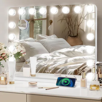 Produktbild von Puluomis Kosmetikspiegel Schminkspiegel 80x60cm Hollywood Spiegel Dimmbar mit 18 LED Beleuchtung 3 Farben, mit USB, 10x, Wandspiegel weiß, rund Ecke