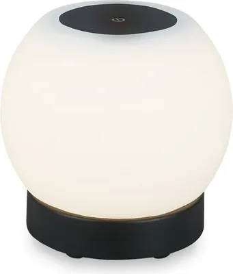 A white, orb-shaped LED lamp with a black base and a black top surface.