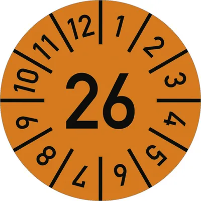 Produktbild von Dreifke® Prüfplakette Jahr 26 mit Monaten, orange, Dokumentenfolie, Ø 25 mm, ...