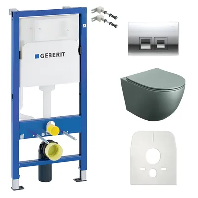 Produktbild von DOMINO Geberit Duofix Basic Vorwandelement + Wand-WC Tiefspül Sinto Becken Grau Spülrandlos + Bedienplatte Delta 25 für Doppelspülung | Komplett Set