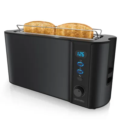 A black toaster with two slices of toast in it, shown from a slightly elevated front-left angle on a white background.