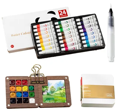 Mini-Aquarellset, 15 Fächer, 24 Farben, Skizzenblock, Pinsel, tragbar