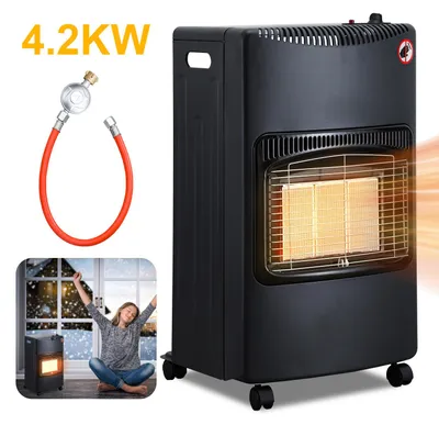 Obrázek produktu pro Plynový ohřívač Eikuavons, 4200W, keramický, 3 stupně výkonu, ochrana proti přehřátí a převrácení, včetně regulátoru tlaku a hadice, 5 koleček, včetně 2 adaptérů pro zásuvku EU