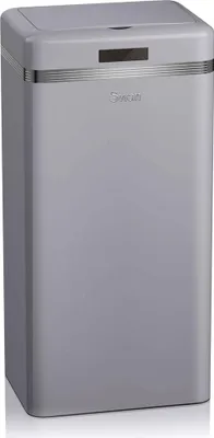 A gray retro-style trash can with a silver band and a small black digital display on the front.