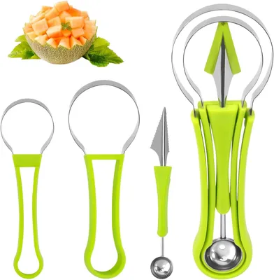 Produktbild von 3-in-1 Melonenschneider Set aus Edelstahl mit Kugelausstecher und Obstgabel