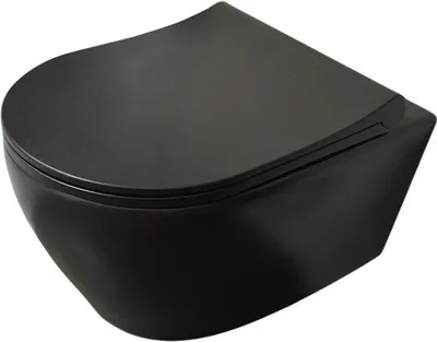 A black wall-mounted toilet with the lid closed, shown from a slightly elevated angle against a white background.