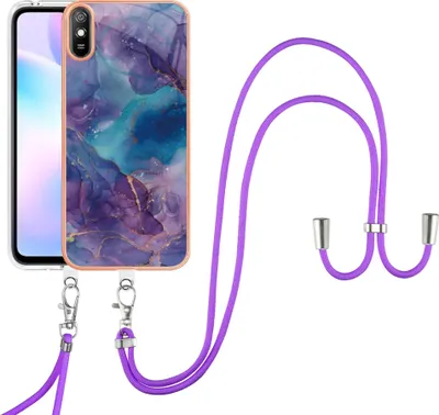 Produktbild von Redmi 9A Handykette Hülle, Muster TPU Bumper Schutzhülle mit verstellbarem Tragegurt für Xiaomi Redmi 9A Lila