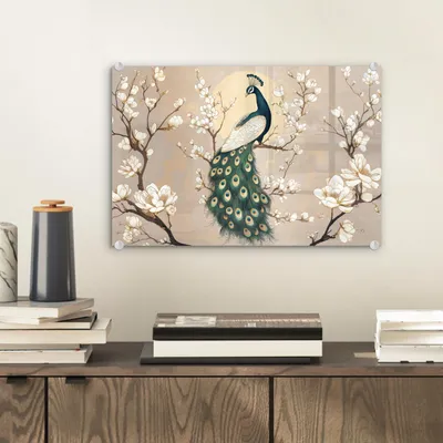 Produktbild von MuchoWow Glasbilder - Bilder auf Wandbild - Foto auf Glas Pfau - Zweig - Blumen 30x20 cm Wanddekoration aus Glas - Acrylglasbild - Acrylbilder - Bilder auf glas wandbild