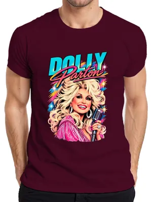 Imagen del producto de Camiseta para hombre, estilo retro, con la imagen de Dolly Parton, leyenda de la música country, cantante e ícono de Nashville. Color: burdeos. Talla: M