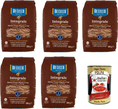Produktbild von De Cecco Integrale Mezze Penne Rigate N° 141, Pasta integrale, Vollkornnudeln, 5x 500g + Italian Gourmet polpa 400g