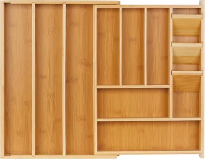Image de Boîte de rangement extensible - 8 à 11 compartiments - 5,5 x 32 cm - 54 x 42 cm - En bambou - En MDF - Organisateur de tiroir de cuisine - Naturel